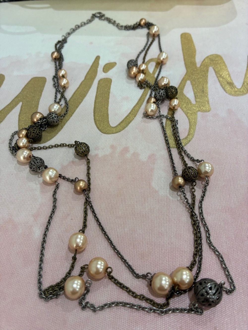 Multi-Strand Faux Pearl and Filigree Necklace - Champagne Pearls